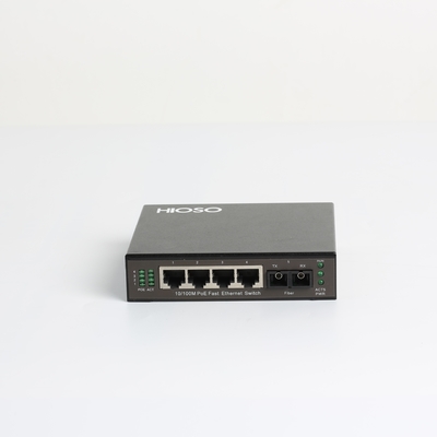 Hioso 5 منافذ Poe Switch 4 10 / 100M RJ45 + 1 1000M FX Fiber Uplink Mini Poe Switch